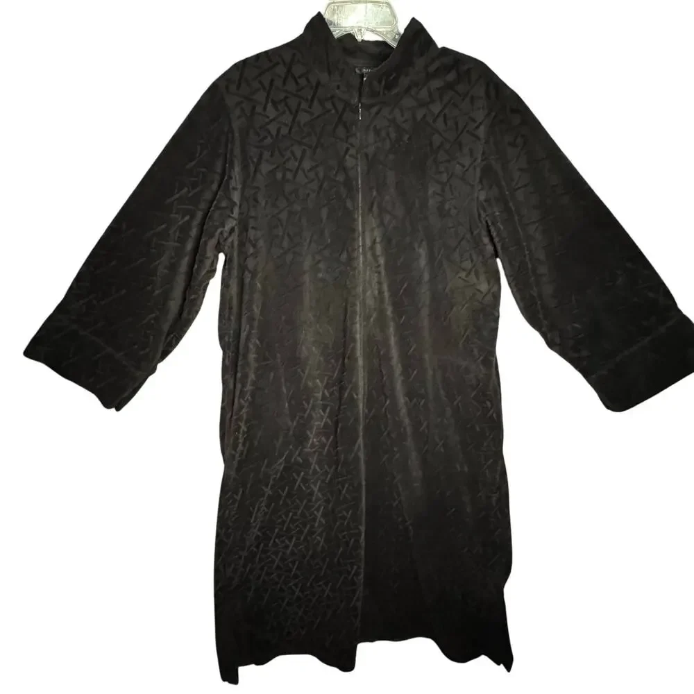 Natori Zip-Up Long Sleeve Stand Collar Maxi Robe Women XL Textured Velour Black